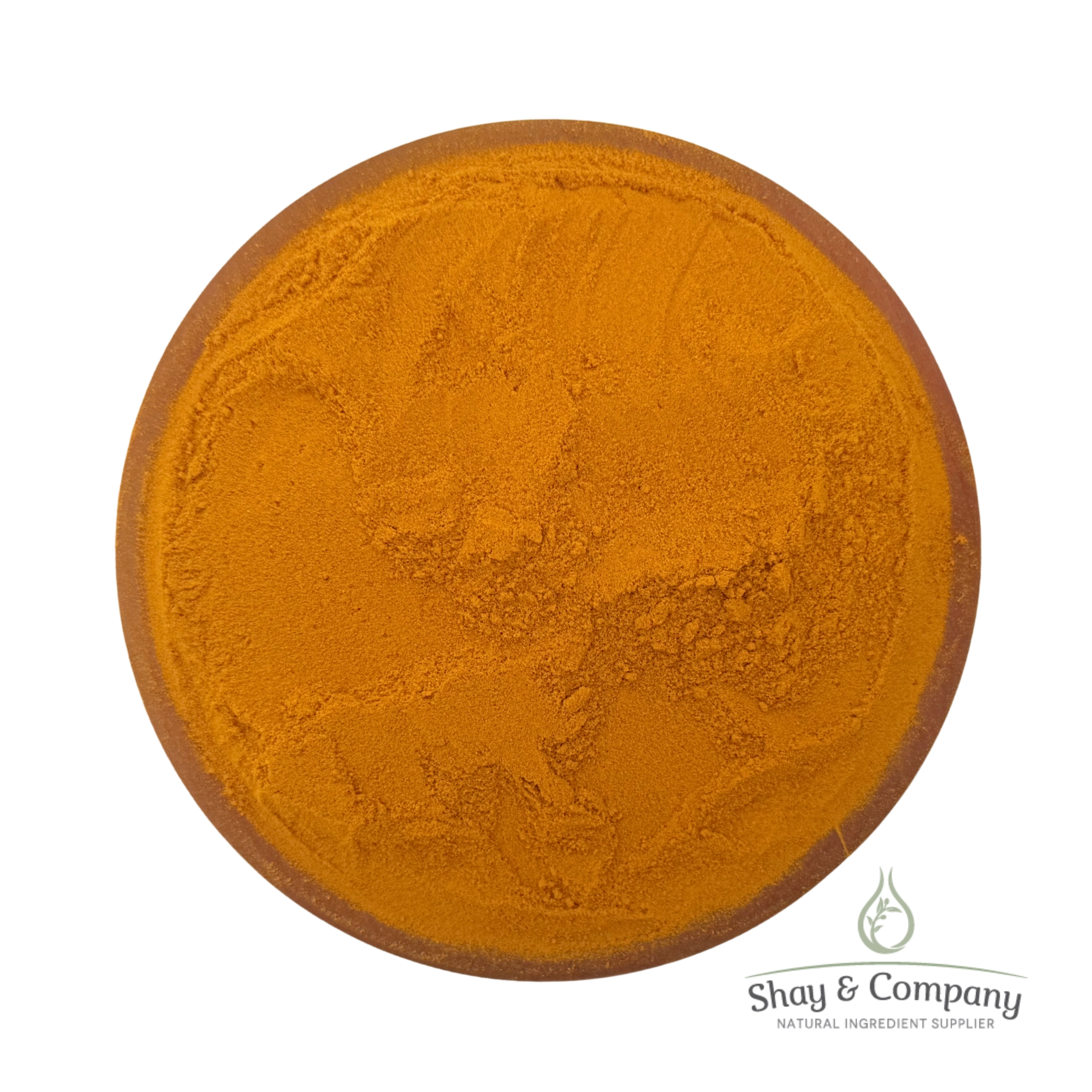 Turmeric powder in a wooden bowl from Shay & Company natural ingredient supplier.