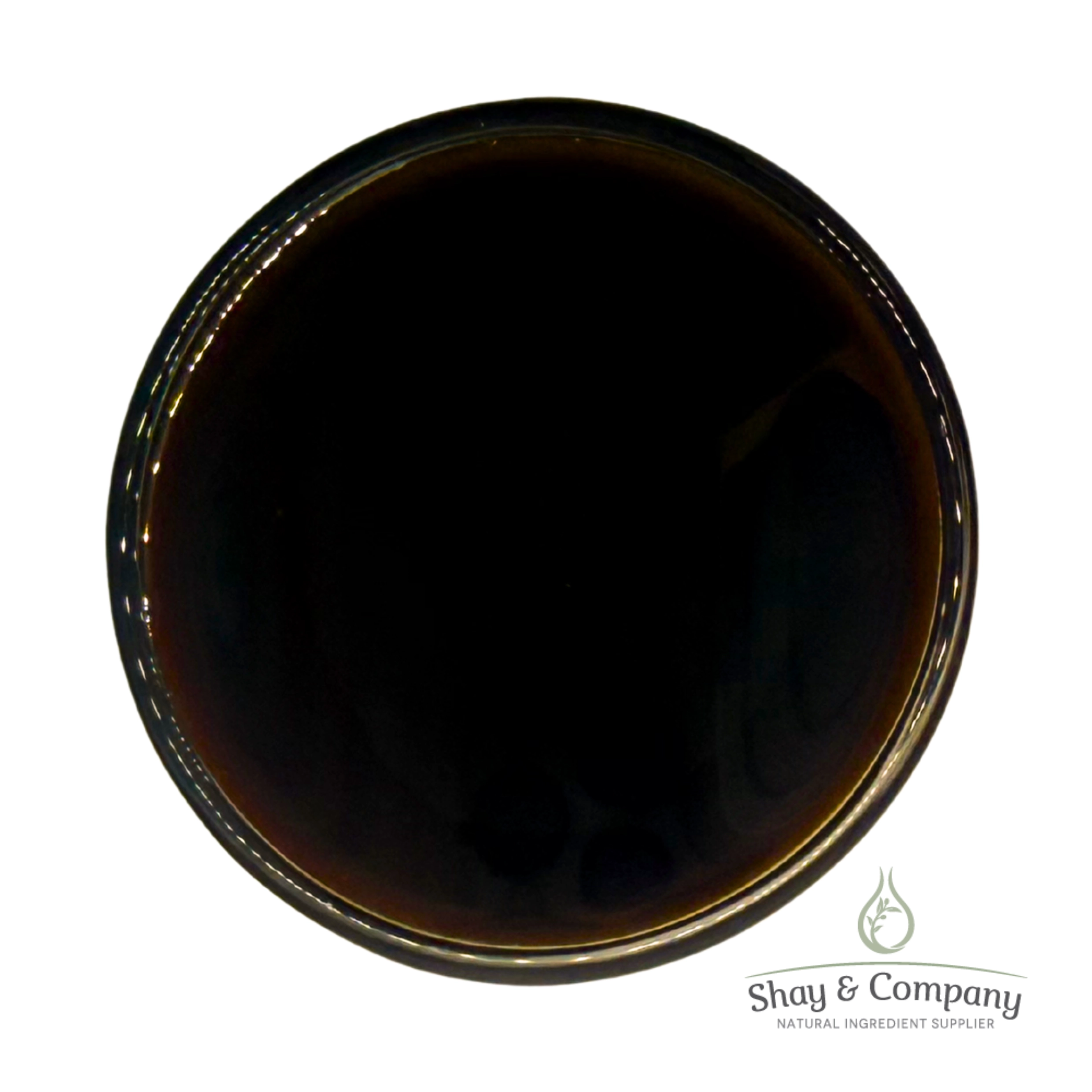 Dark brown liquid in glass jar with Shay & Company natural ingredient supplier logo.